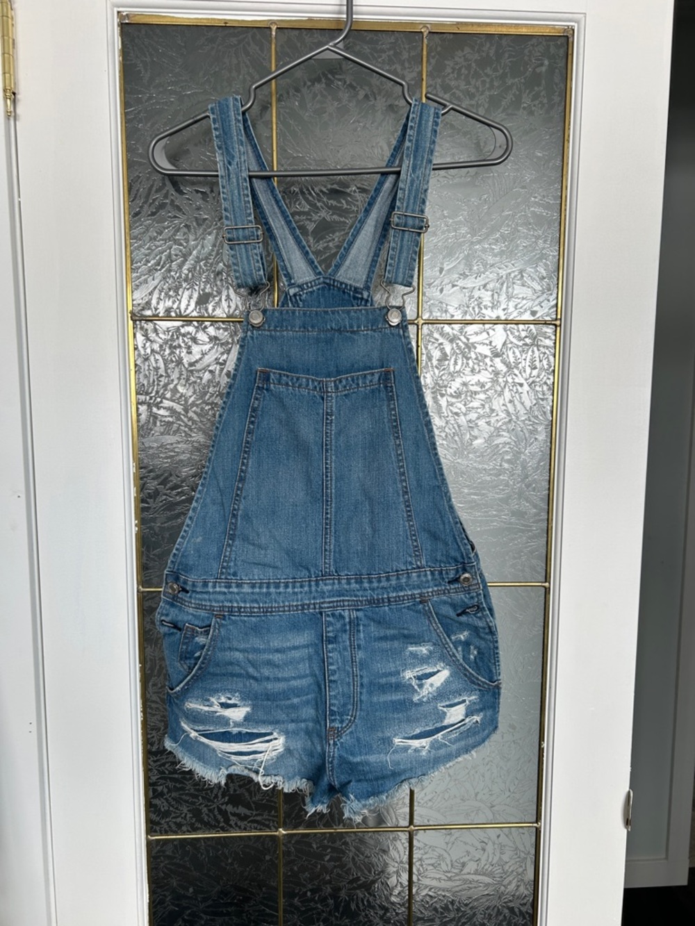 American Eagle Outfitters Distressed Denim Short Overalls - Blue